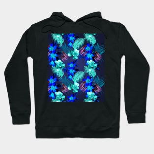 Palm Leaves And Flowers, Blue Navy Hoodie